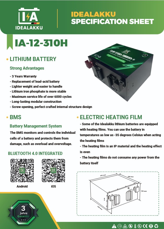 LiFePO4 Batteri 12 Volt 310 Ah , Lifepo4 , BMS , APP -Idealakku- HEAT - - 2