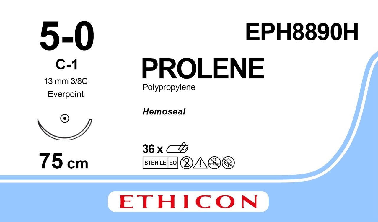 Prolene suture 5-0, EPH8890H C-1 needle 75 cm blue