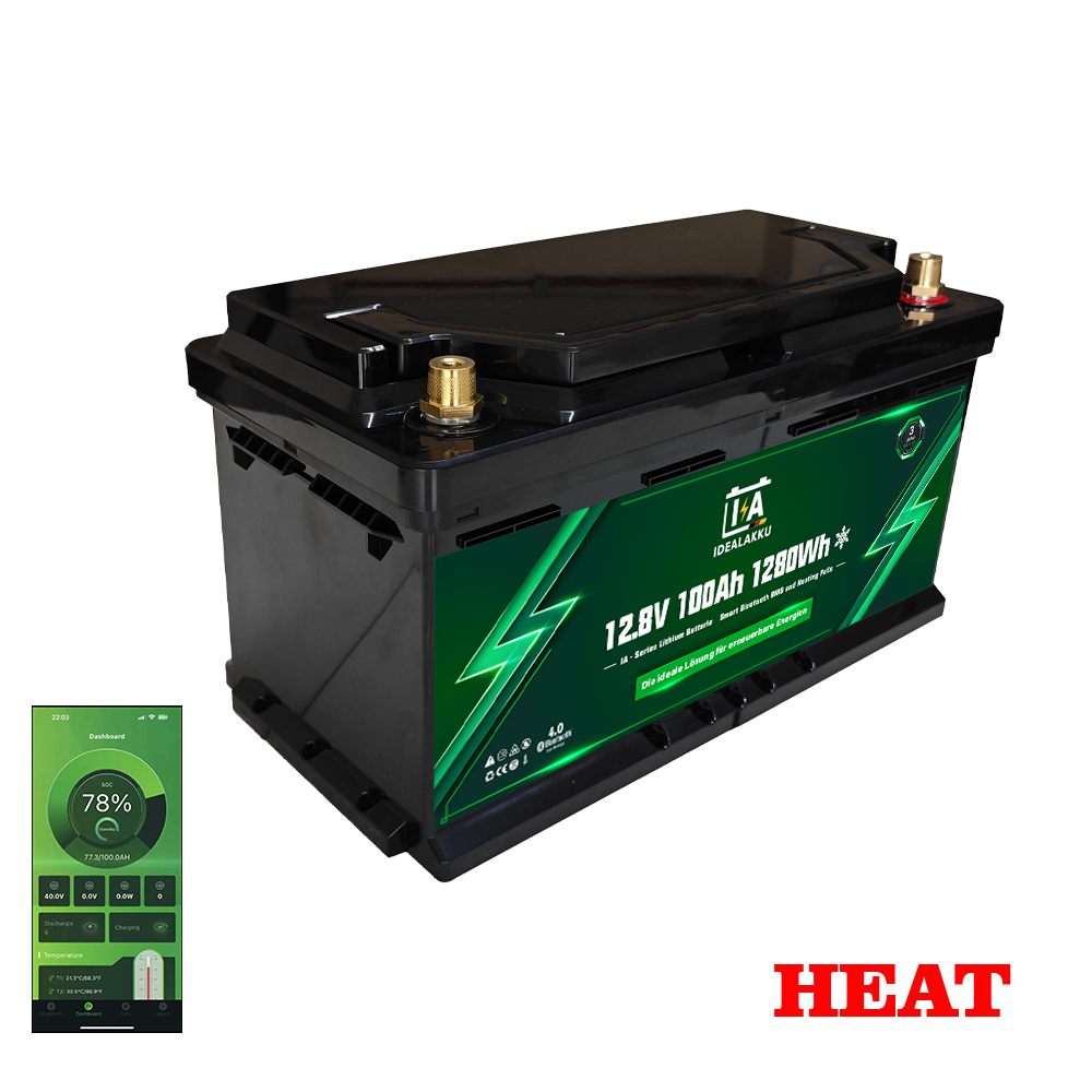 LiFePO4 Batteri 12 Volt 100 Ah , BMS , Bluetooth App , under sätet , HEAT , Bodelsbatteri  -Idealakku- HEAT -