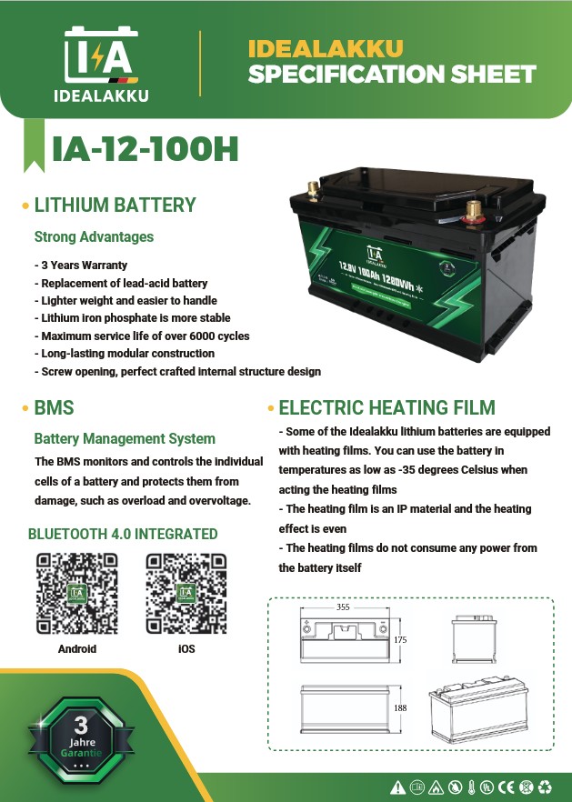 LiFePO4 Batteri 12 Volt 100 Ah , BMS , Bluetooth App , under sätet , HEAT , Bodelsbatteri  -Idealakku- HEAT - - 2