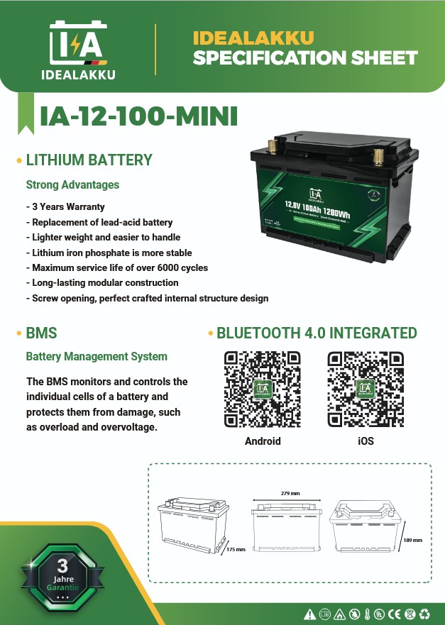 LiFePO4 Batteri 12 Volt 100 Ah , BMS , Bluetooth App , Bodelsbatteri  -Idealakku- Extra litet och lätt  - - 2