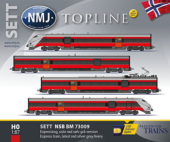 NMJ Topline NSB BM73 009, Rød/Sølv/Grå, DC m/ Interiørlys