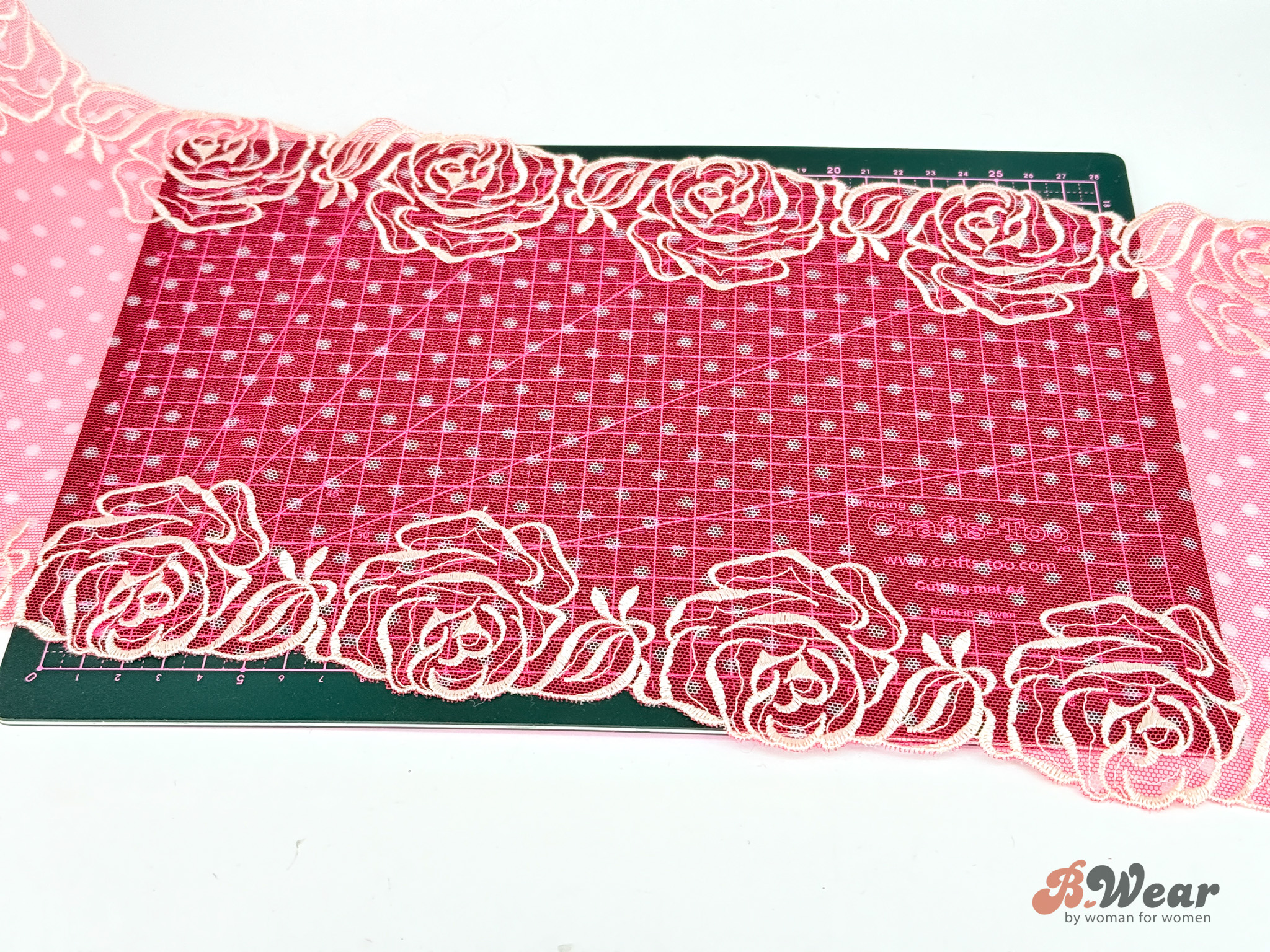 Raspberry red non-stretch lace with cream flowers- 21 cm
