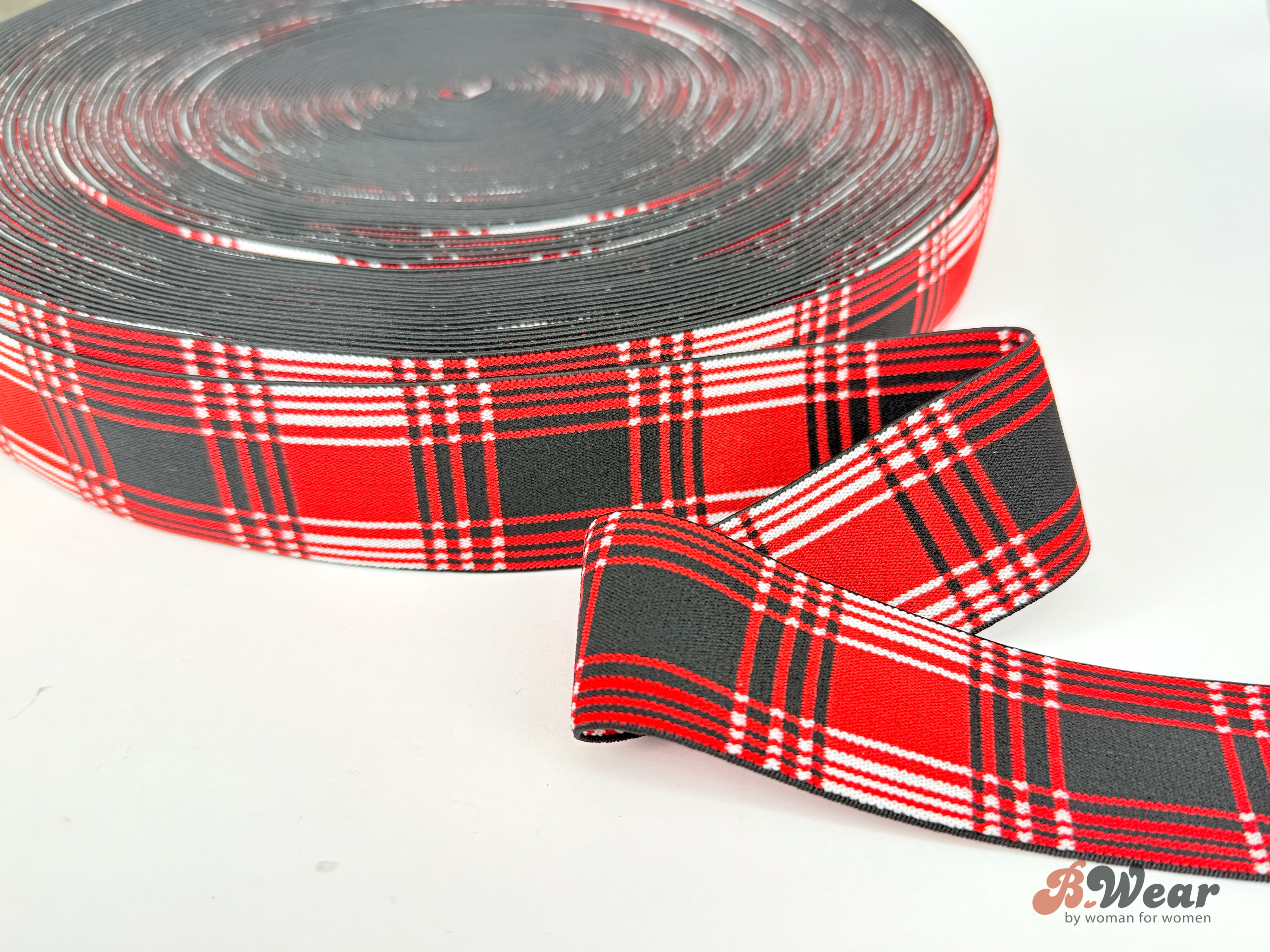 40mm Jacquard Twill Elastic - Red & Navyblue plaid