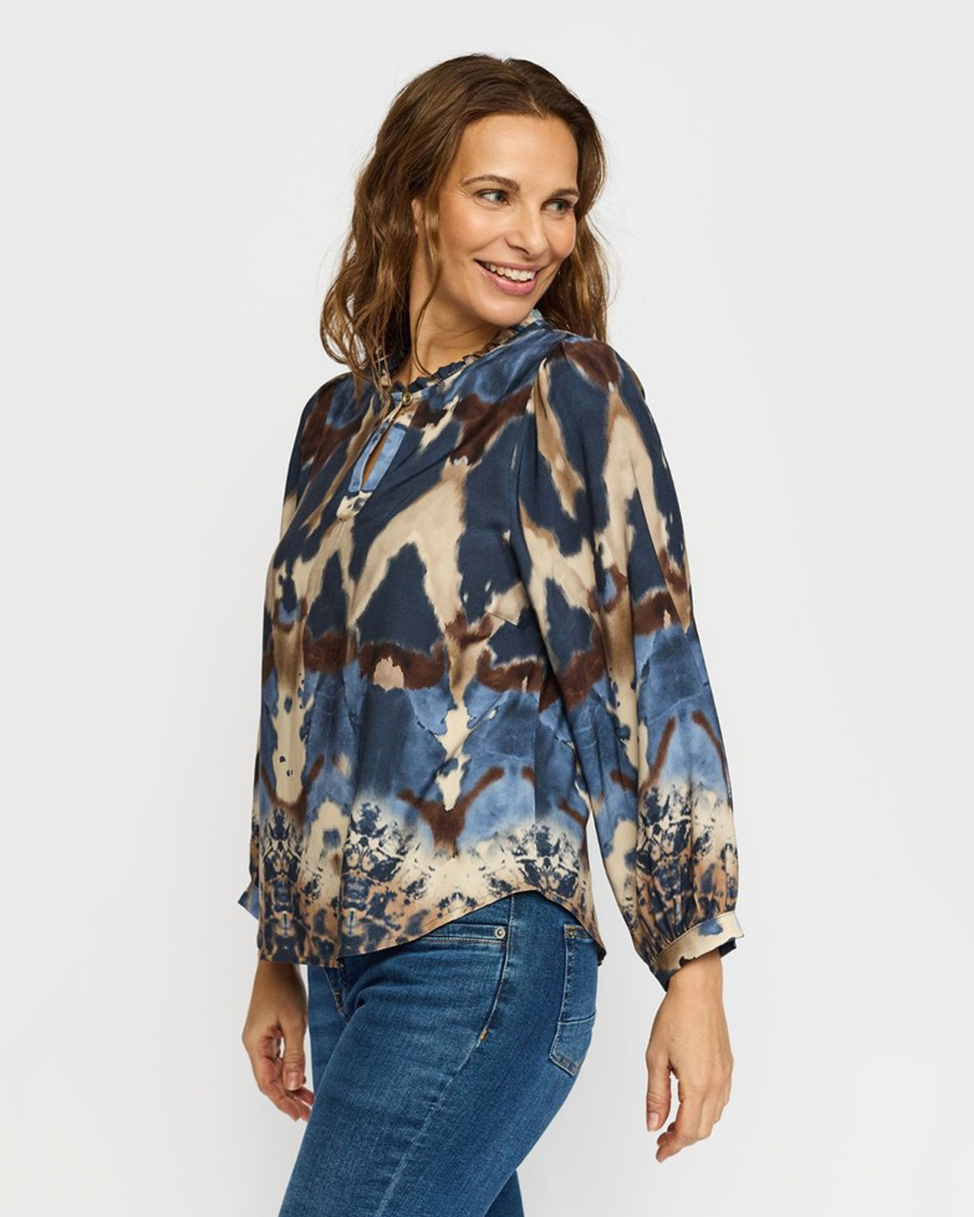 Blus Miri volangkrage mönstrad blå/beige - 4