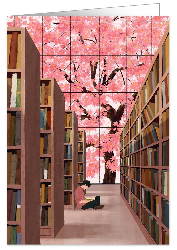 Reading in Library, Heartfelt, Greeting Card 