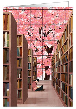 Reading in Library, Heartfelt, Greeting Card 