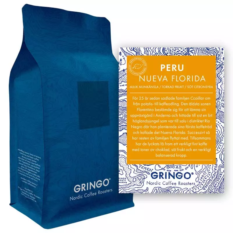 Gringo Nordic - Nueva Florida - Peru - Ekologiska (SE-EKO-04) mellanrostade hela kaffebönor - 5kg STOR PÅSE