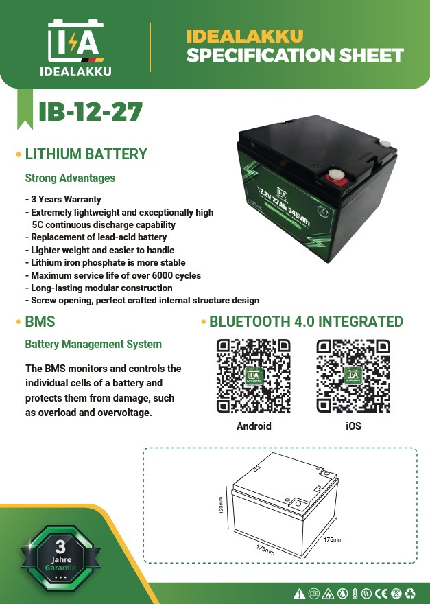 LiFePO4 Batteri 12 Volt  27 Ah , BMS , Bluetooth App , Bodelsbatteri -Idealakku- - 2