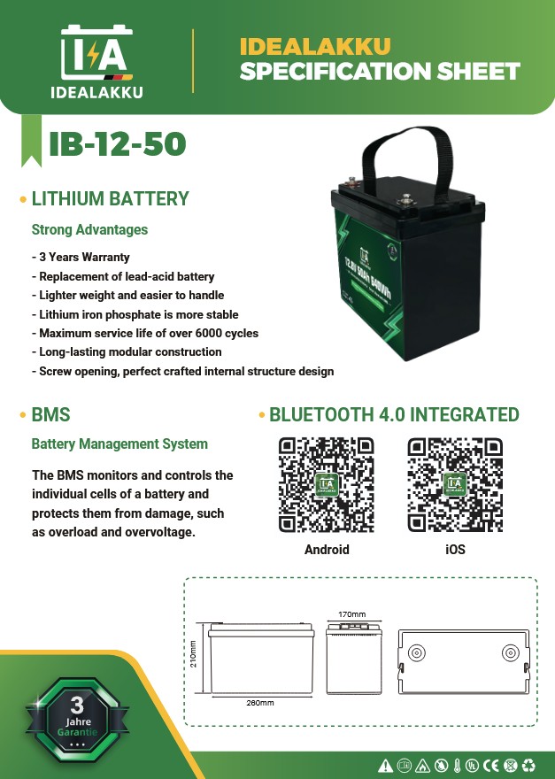 LiFePO4 Batteri 12 Volt  50 Ah , BMS , Bluetooth App , Bodelsbatteri -Idealakku- - 2