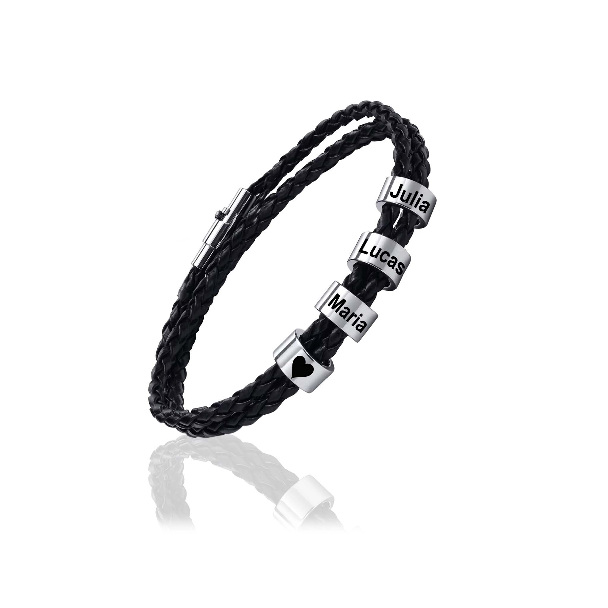 Flätat läderarmband Family Pearl med graverade pärlor