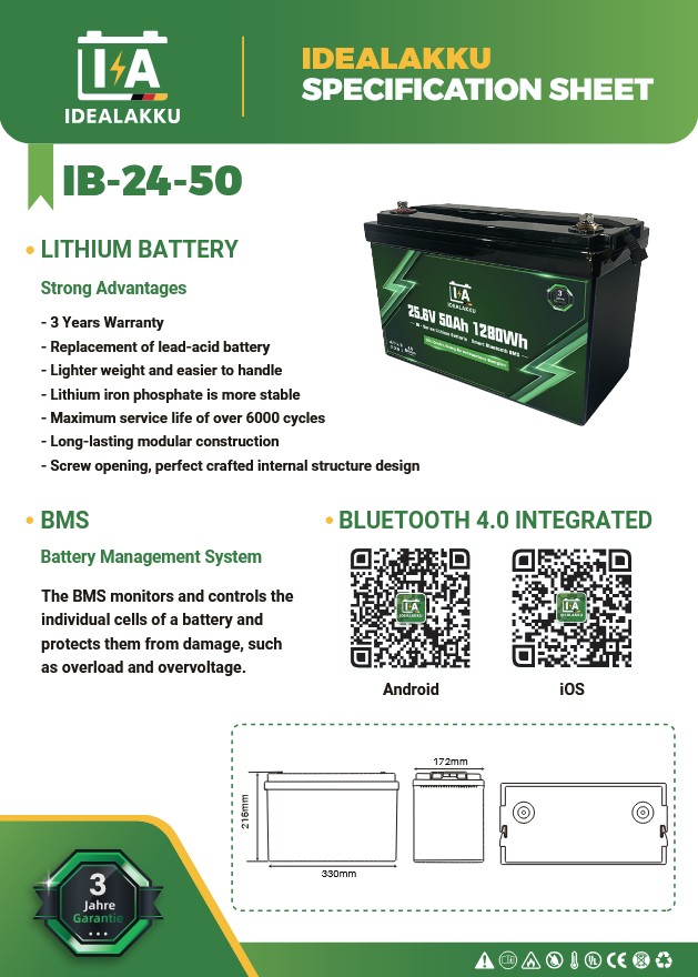 LiFePO4 Batteri 24 Volt  50 Ah , BMS , Bluetooth App , Bodelsbatteri / Trollingmotor  -Idealakku- - 2