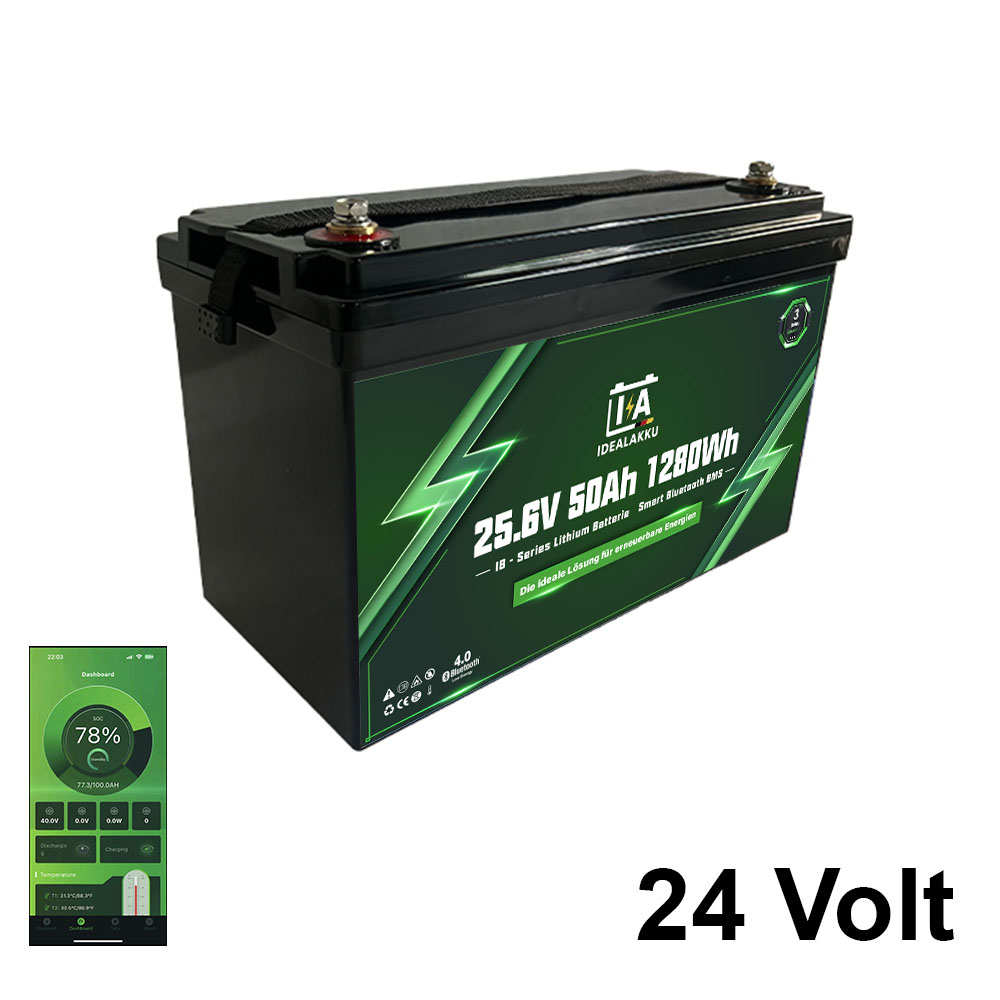 LiFePO4 Batteri 24 Volt  50 Ah , BMS , Bluetooth App , Bodelsbatteri / Trollingmotor  -Idealakku-