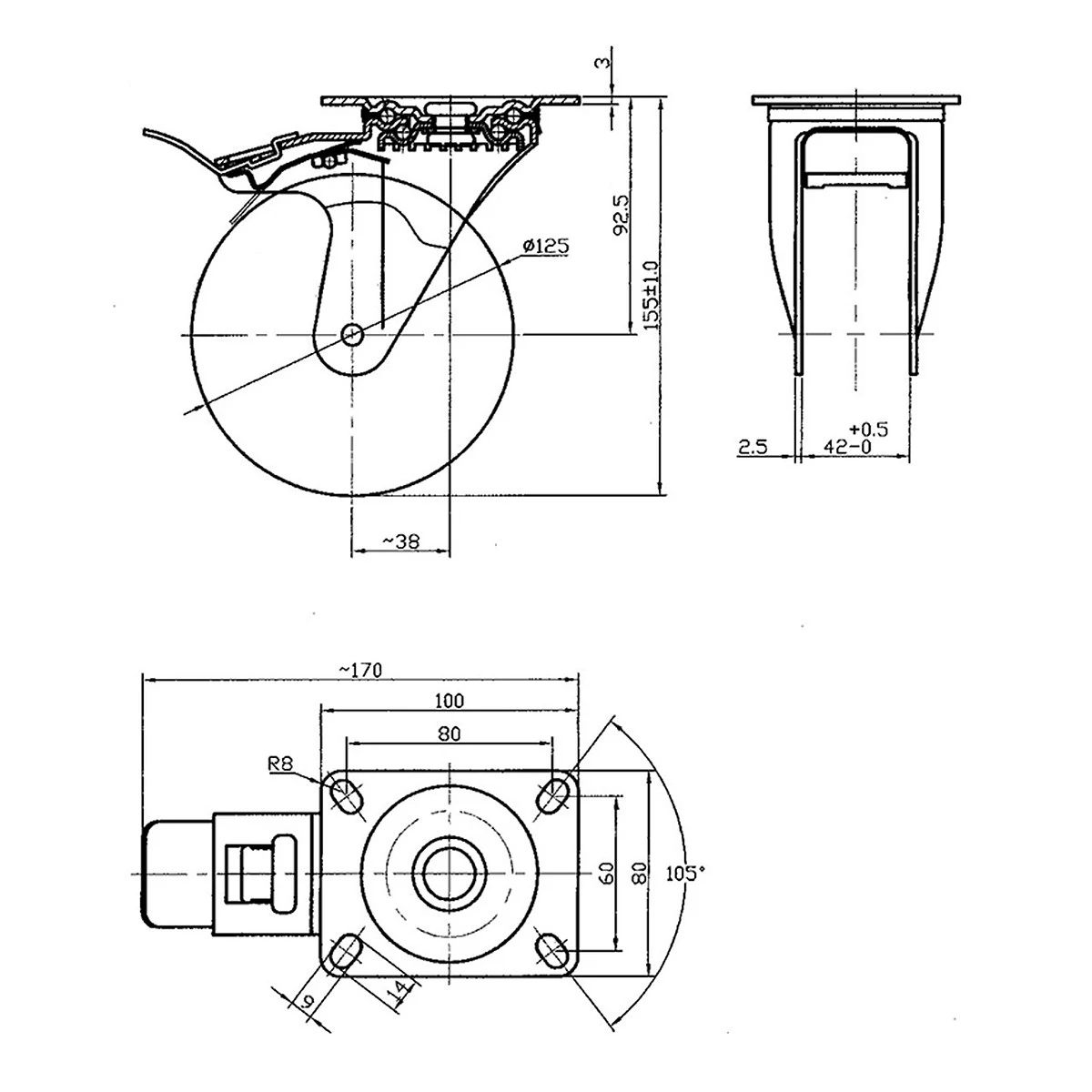 Svängbar hjul med broms 125mm vit