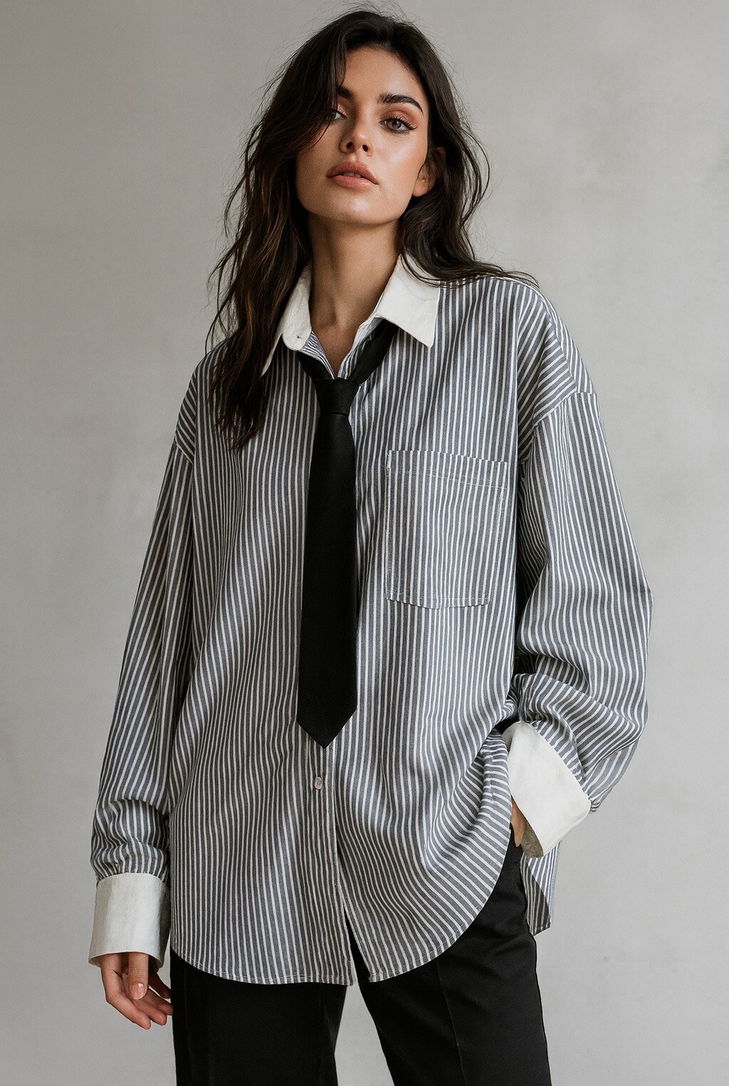 Shirt greyblue stripes with tie
