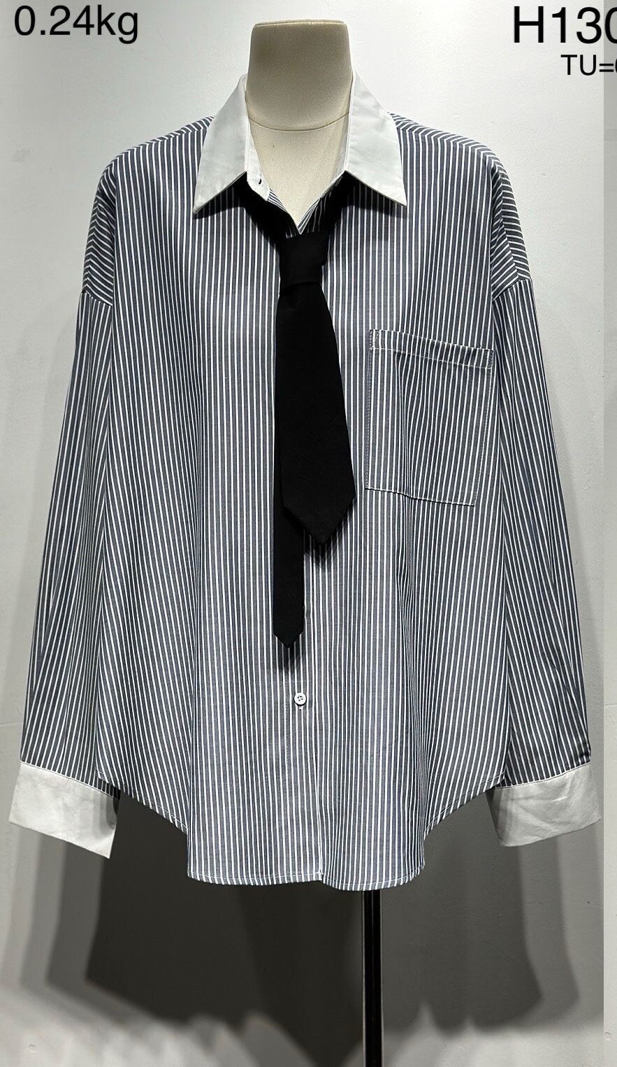 Shirt greyblue stripes with tie - 3