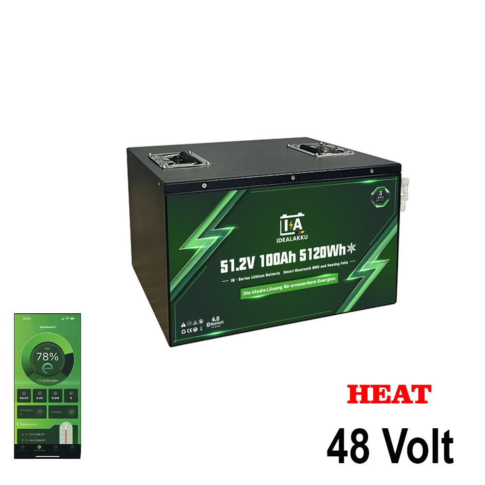 LiFePO4 Batteri 48 Volt 100 Ah , BMS , Bluetooth App , Bodelsbatteri / Trollingmotor  HEAT -Idealakku-