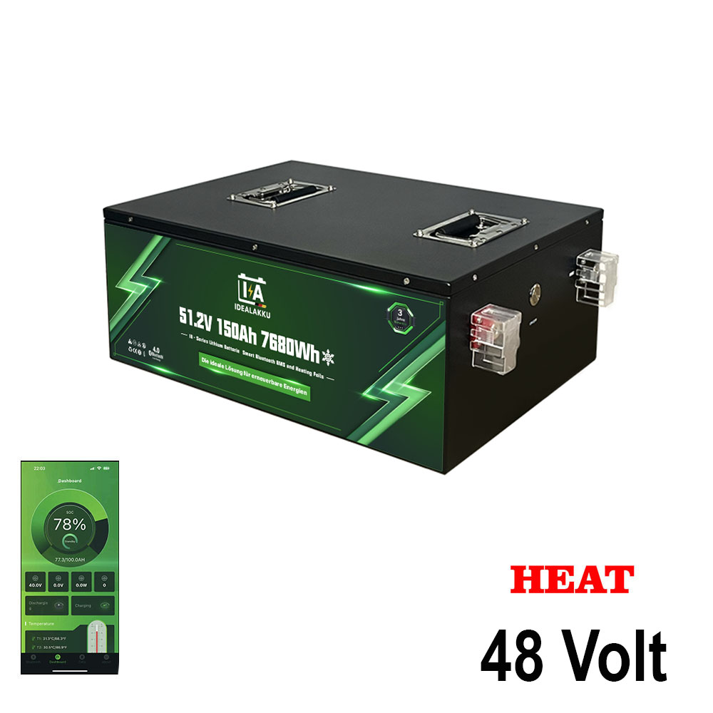 LiFePO4 Batteri 48 Volt 150 Ah , BMS , Bluetooth App , Bodelsbatteri / Trollingmotor  HEAT -Idealakku-