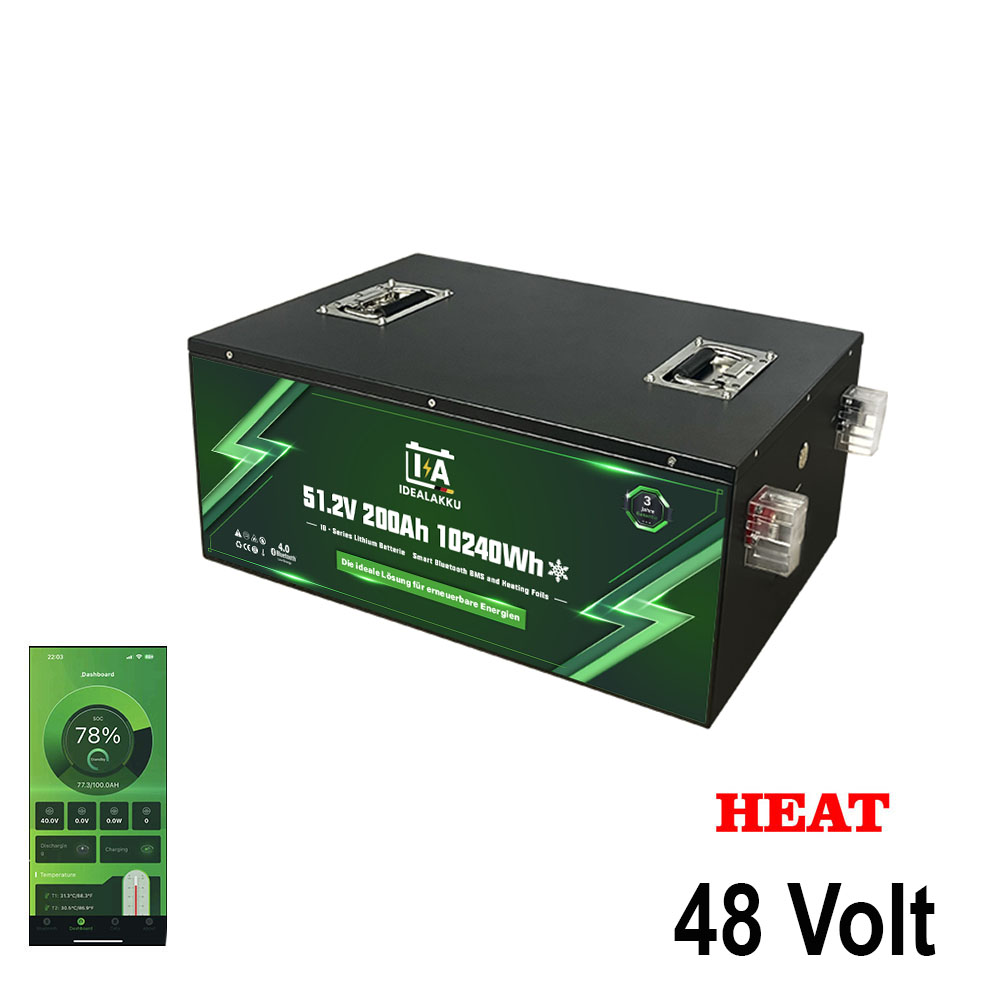 LiFePO4 Batteri 48 Volt 200 Ah , BMS , Bluetooth App , Bodelsbatteri / Trollingmotor  HEAT -Idealakku-
