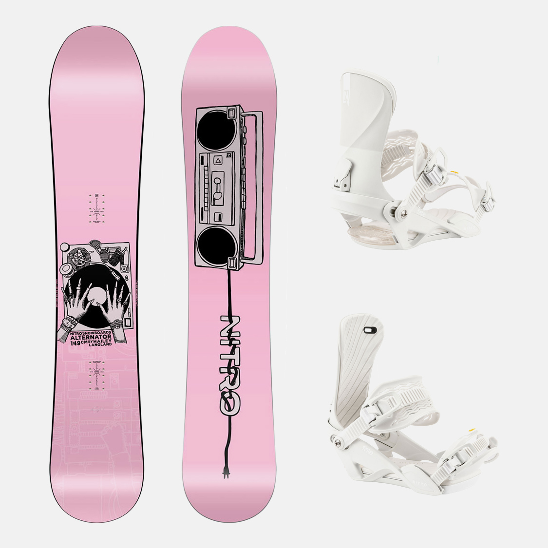 Nitro Snowboard Set - Alternator x Hailey 149 + Fate Off-White S/M