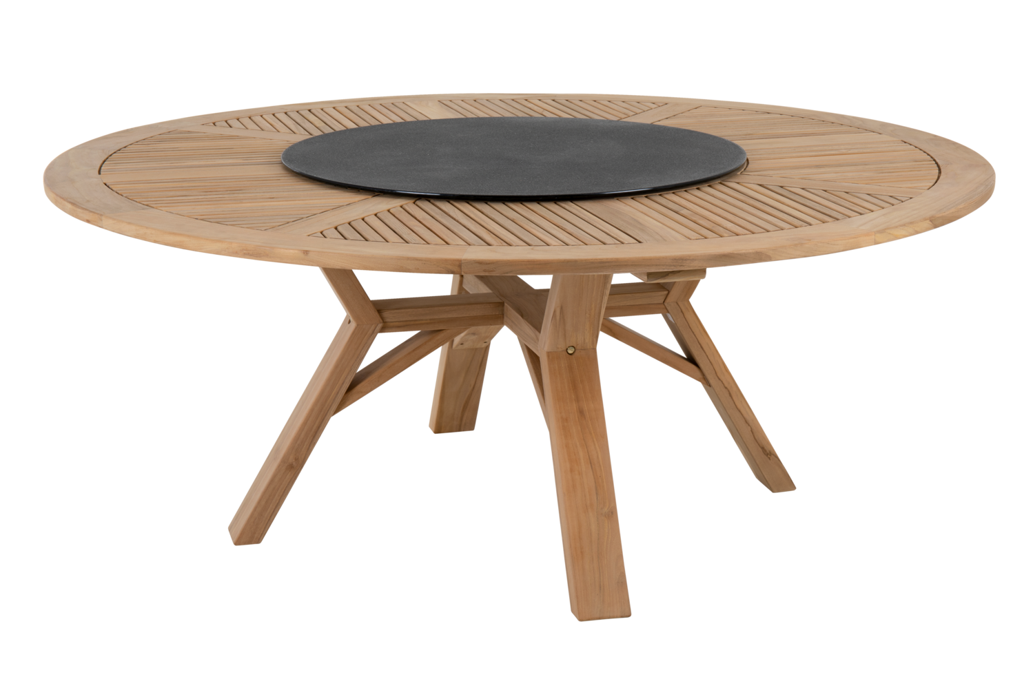 Runt matbord i teak, cirka 180 cm i diameter, fotograferat snett framifrån. Bordsskivan visar ett mönstrat teakinlägg och i mitten finns en rund, inbyggd snurrskiva i glas med stenliknande grå yta. Bordet står fritt mot vit bakgrund och har stadiga teakben med korsstag undertill.