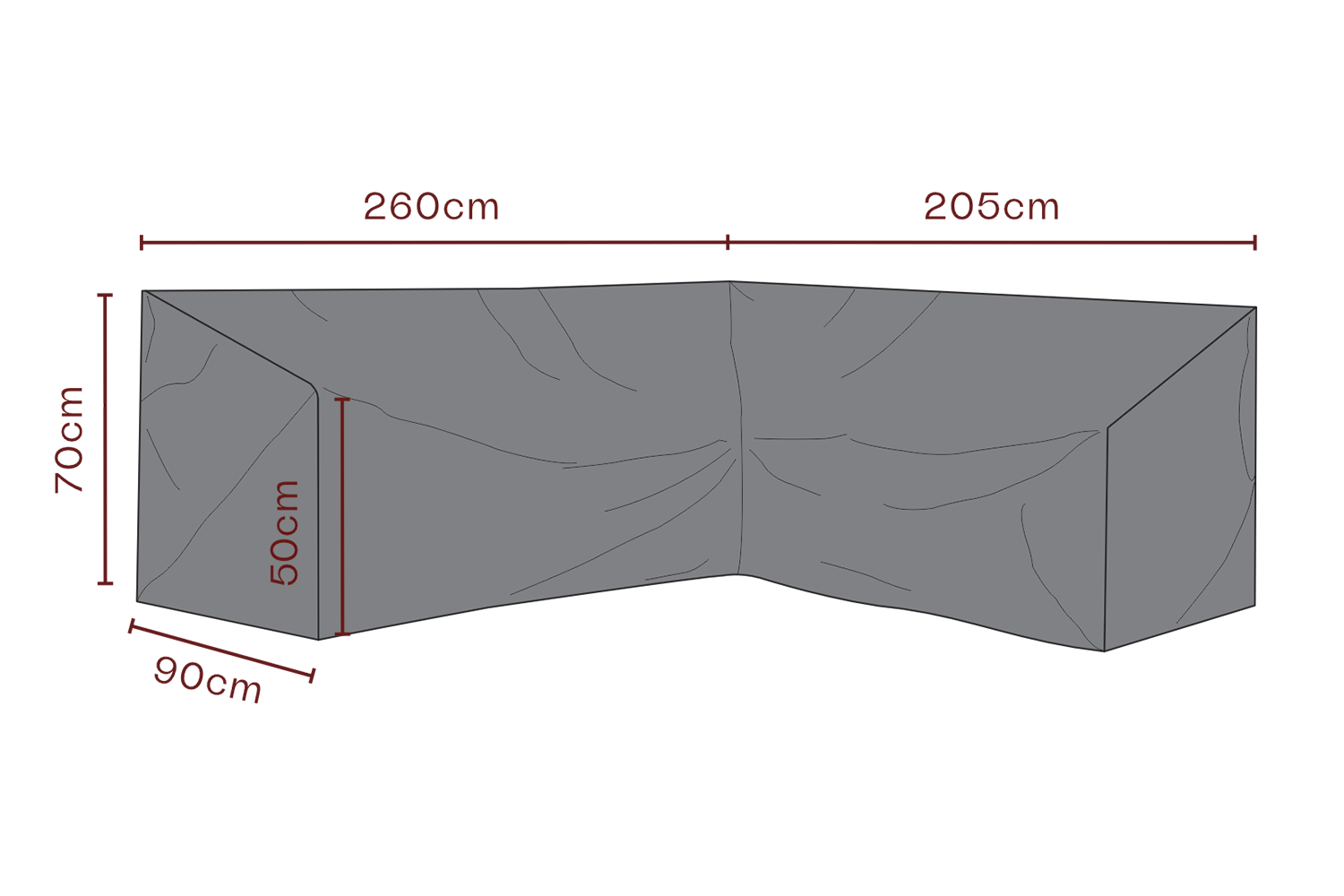 Måttskiss av Brafab Andas möbelskydd för hörnsoffa i L-form. Skyddet är 260 cm på ena sidan och 205 cm på den andra, med 90 cm djup. Total höjd är 70 cm och höjden i framkant är 50 cm.