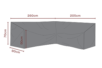 Måttskiss av Brafab Andas möbelskydd för hörnsoffa i L-form. Skyddet är 260 cm på ena sidan och 205 cm på den andra, med 90 cm djup. Total höjd är 70 cm och höjden i framkant är 50 cm.