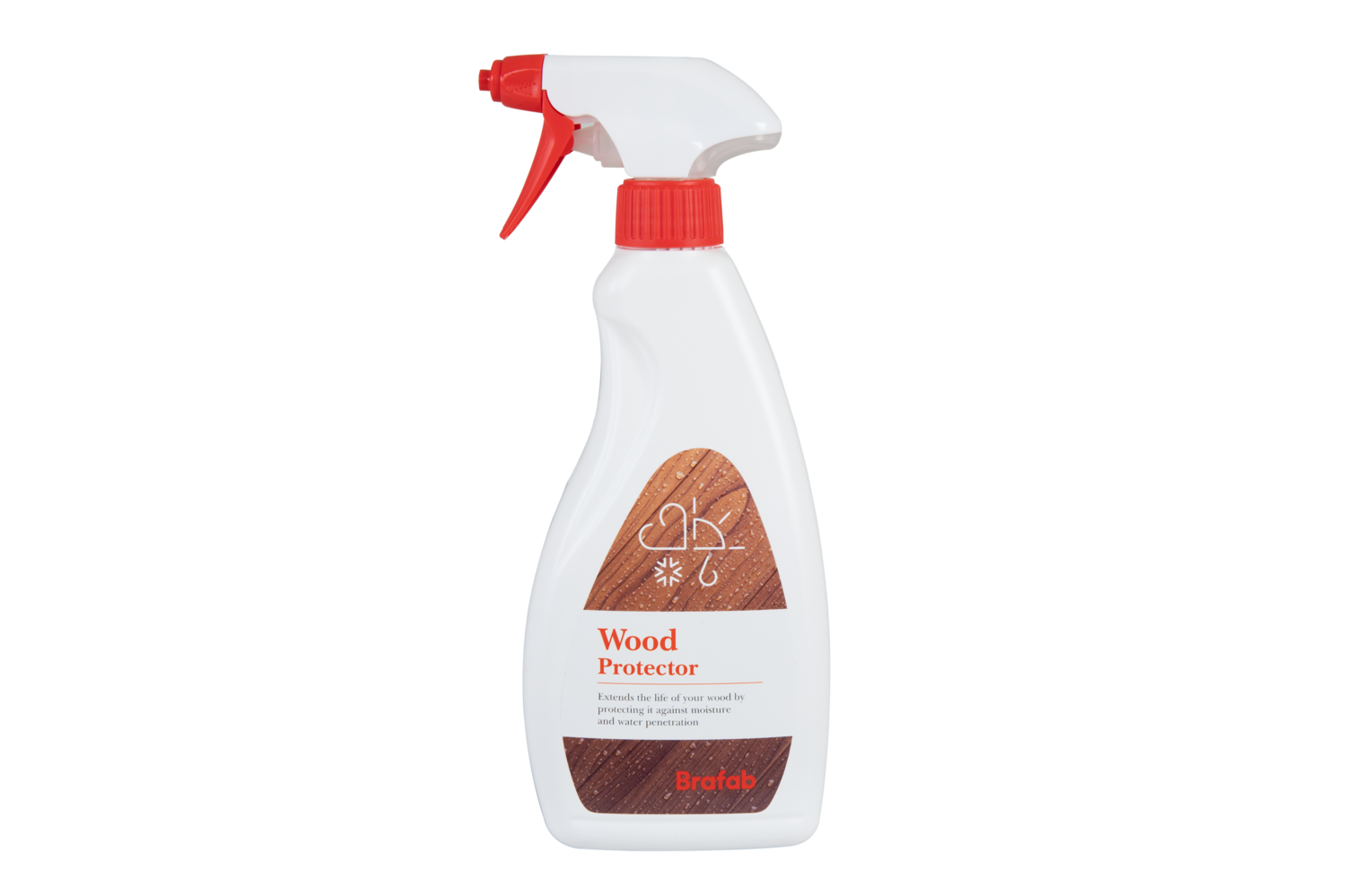 Sprayflaska med Brafab Wood Protector – träskskydd/underhållsprodukt för träytor.