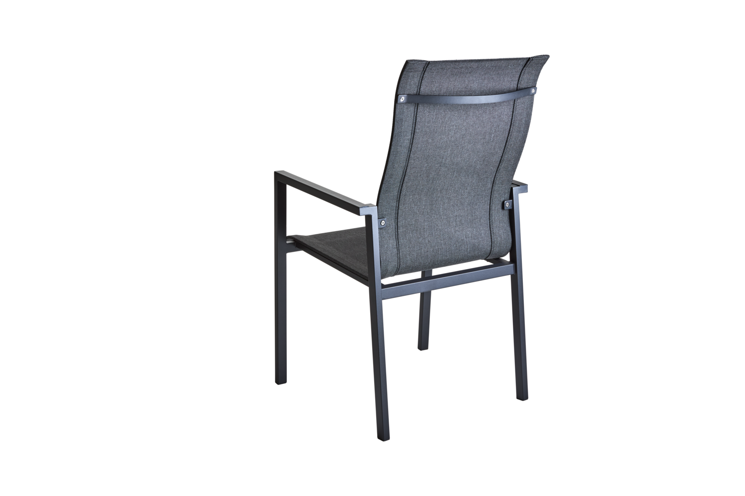 Brafab Comfy karmstol sedd bakifrån/diagonalt, med svart aluminiumram och antracitgrå textilene i rygg och sits.