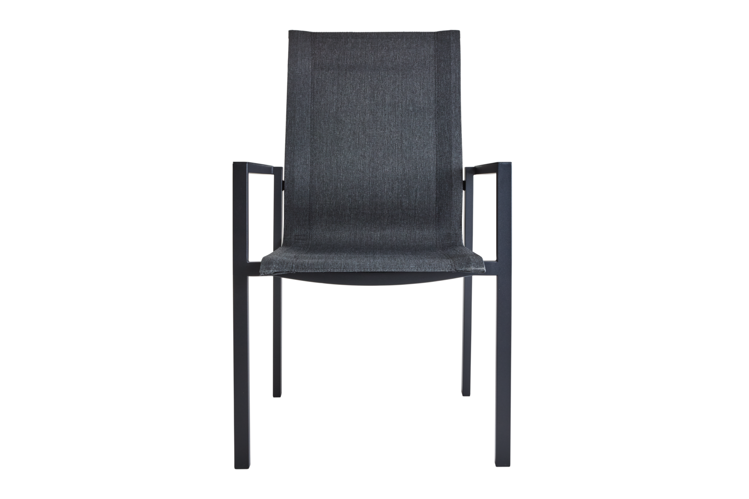 Brafab Comfy karmstol framifrån med svart aluminiumram och sits/rygg i antracitgrå textilene.