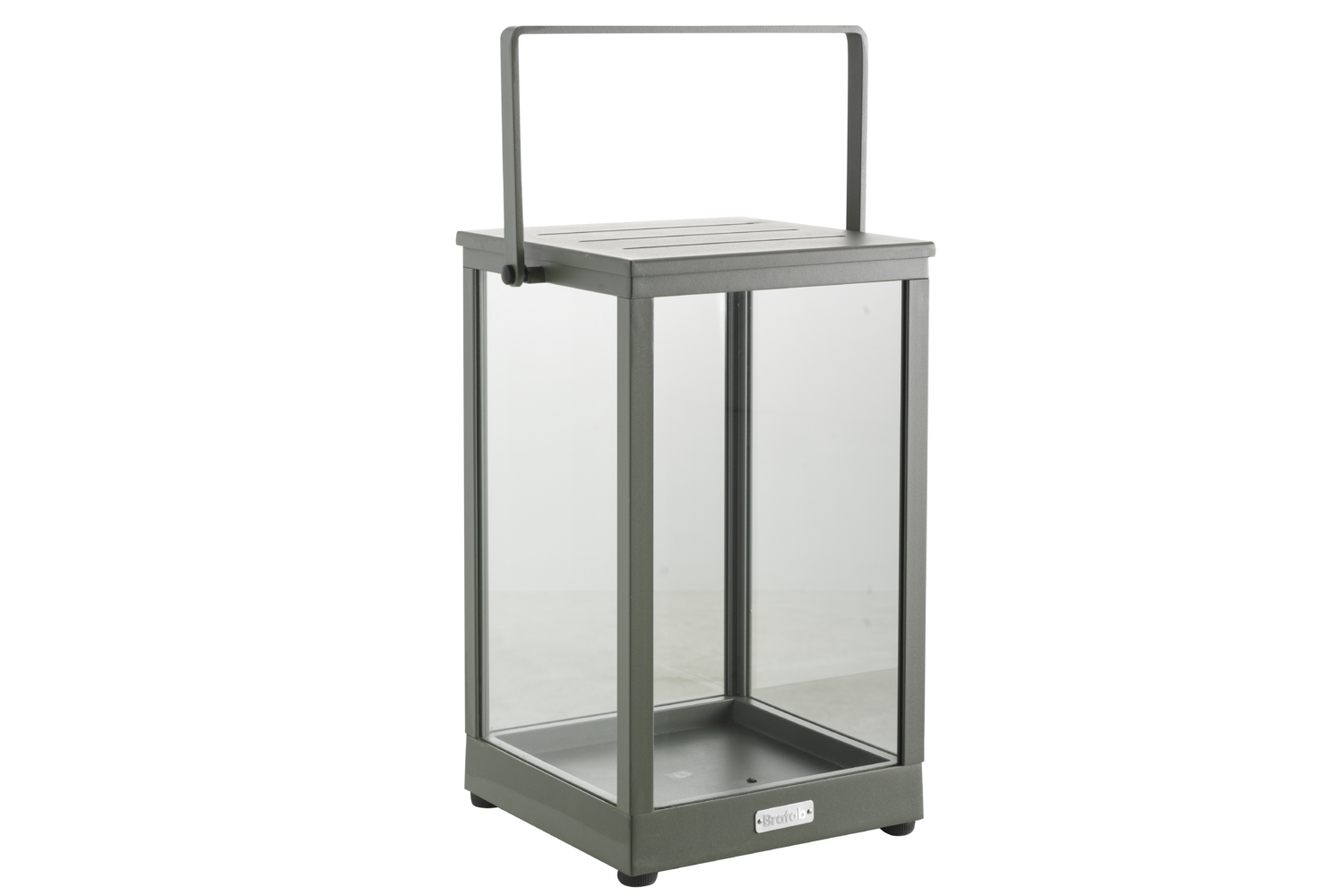 Brafab utomhuslykta i färgen Nordic Green med glasrutor och bärhandtag.