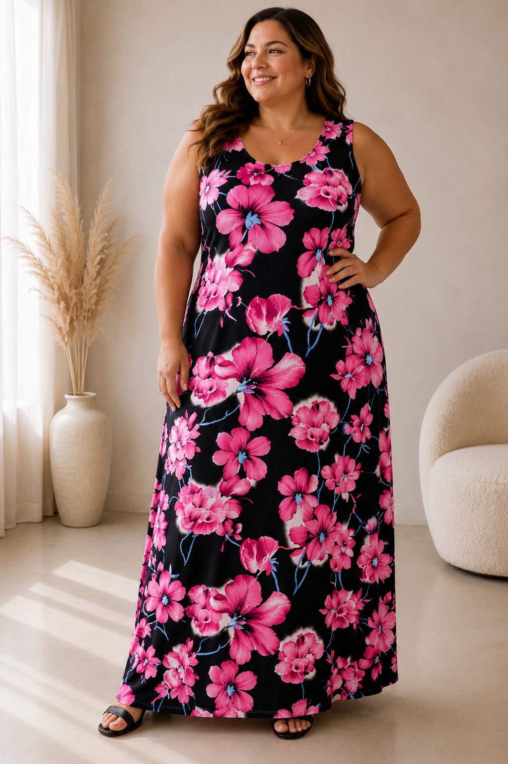 Långklänning med blommönster, rosa 