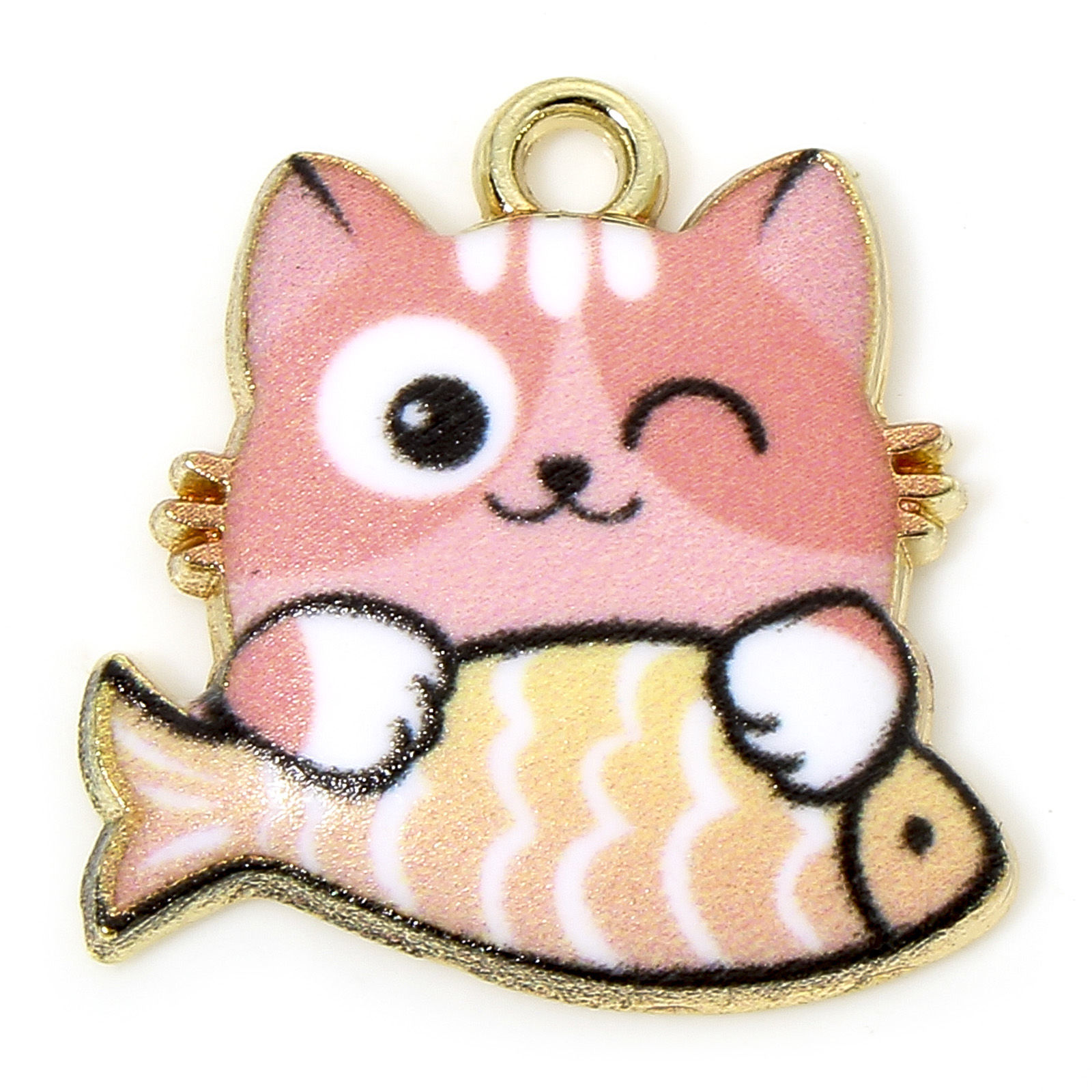 Berlock -  Emaljerad Katt, rosa med Fisk