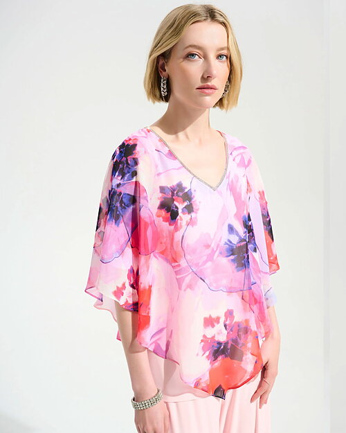 Blus mönstrad chiffong rosa/lila/korall