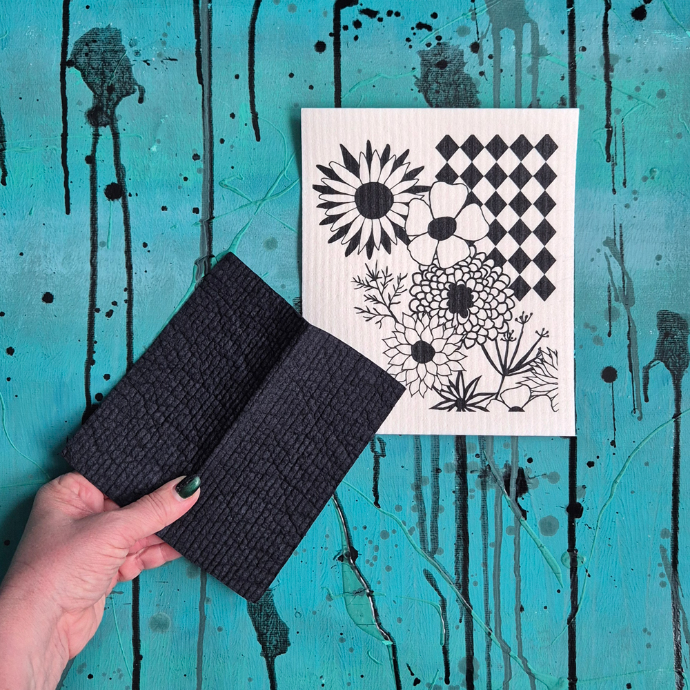 gåvoset 2 trasor: FLOWER POWER svart + enfärgad svart - 4