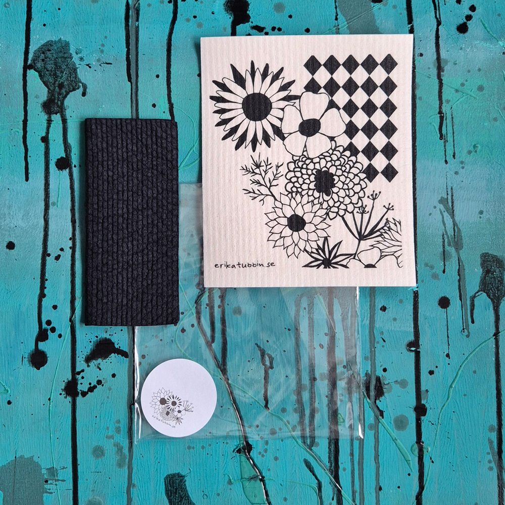 gåvoset 2 trasor: FLOWER POWER svart + enfärgad svart - 2