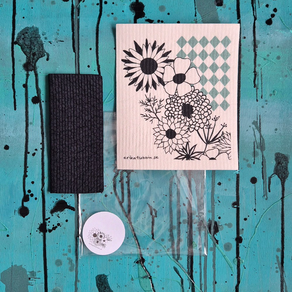 gåvoset 2 trasor: FLOWER POWER grön + enfärgad svart - 2