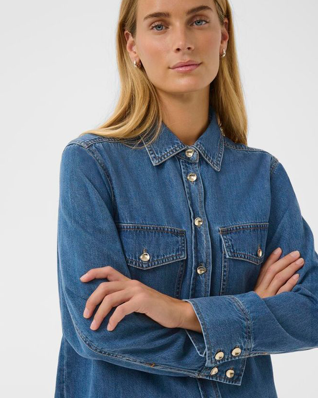 Jeansskjorta Payas med silverknappar mellanblå - 3