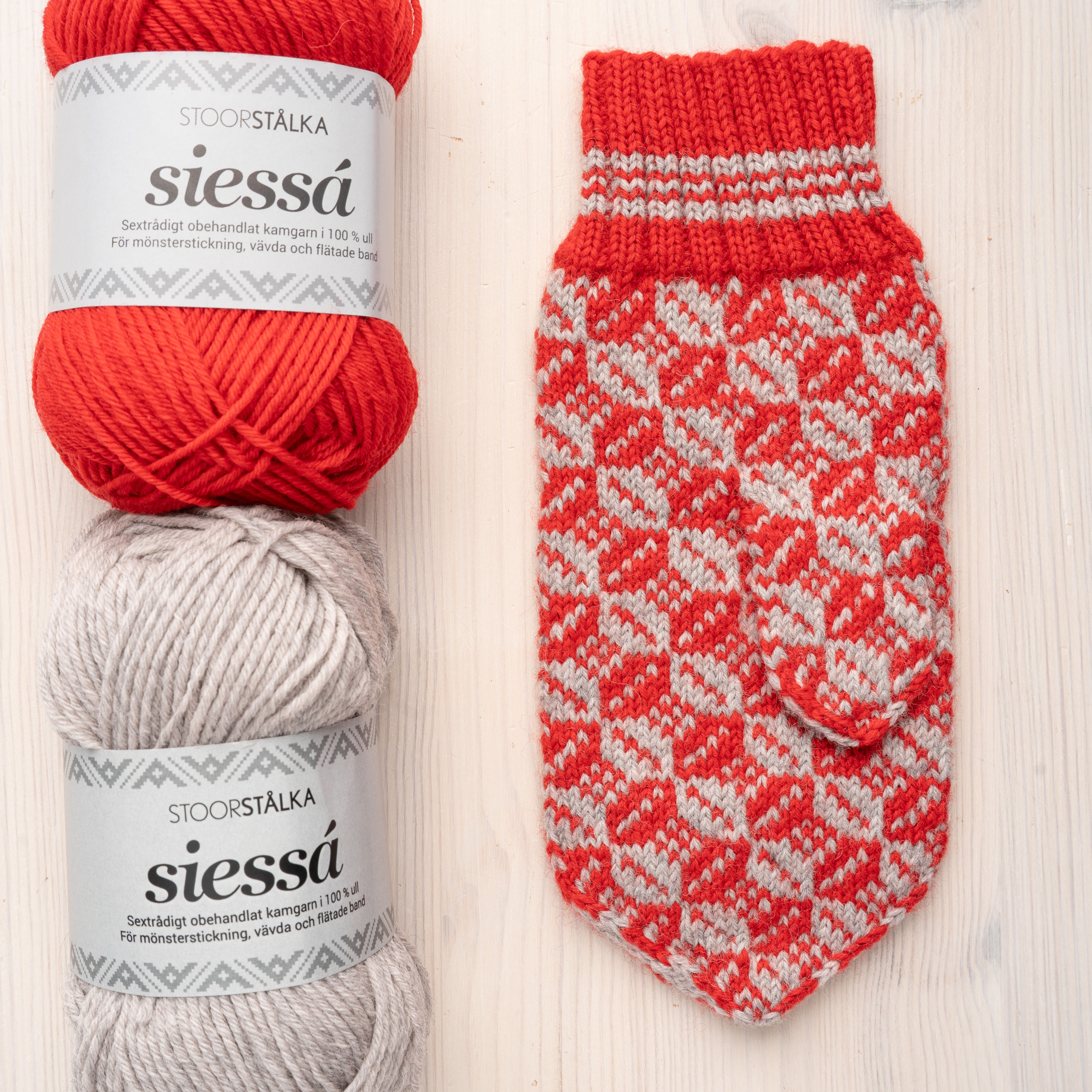 Strickpaket Fausthandschuh Marias Kaffeebohnen Jokkmokk Tiefrot–Hellgrau