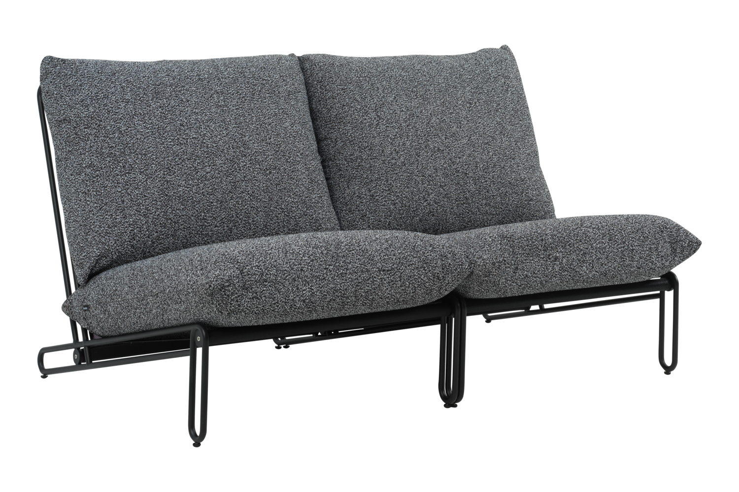 Brafab Blixt 2-sits soffa i antracit teddy med mjuka sitt- och ryggdynor samt svart aluminiumstomme, fotograferad från sidan.