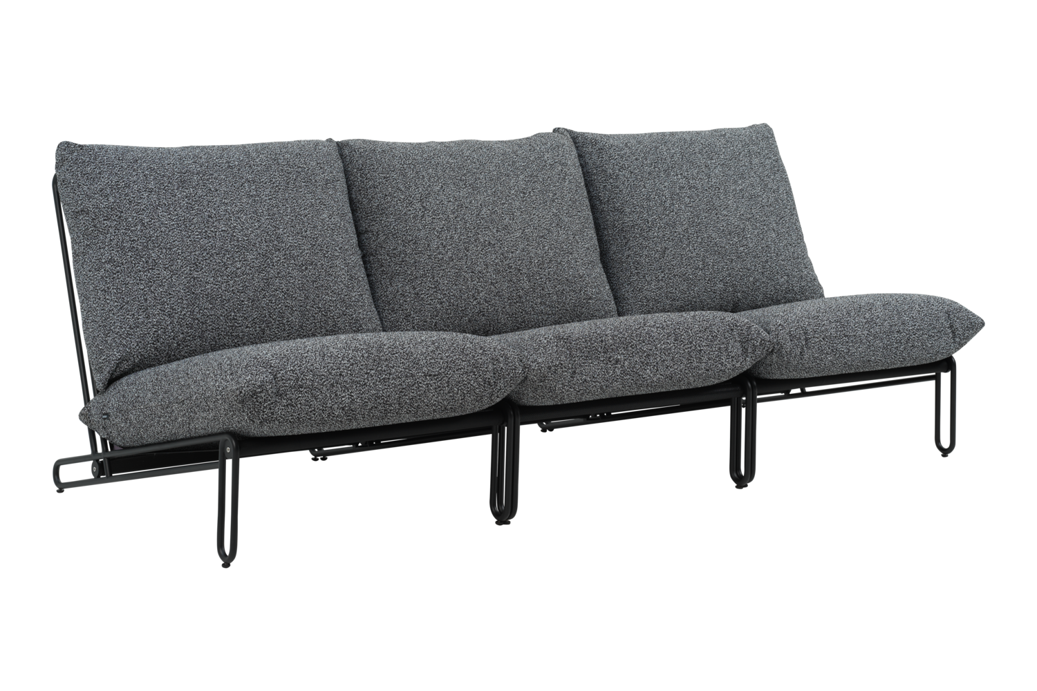 Brafab Blixt 3-sits soffa i antracit teddy med mjuka sitt- och ryggdynor samt svart aluminiumstomme, fotograferad från sidan.