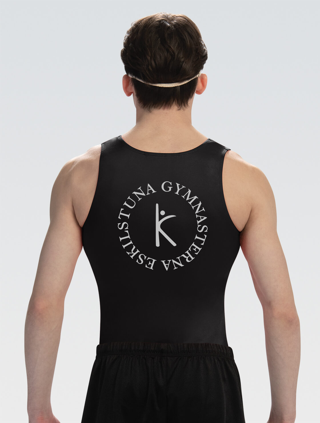Svart pojk-/herrbody utan ärm, lycra, med IK Eskilstunagymnasternas logo i glittertryck
