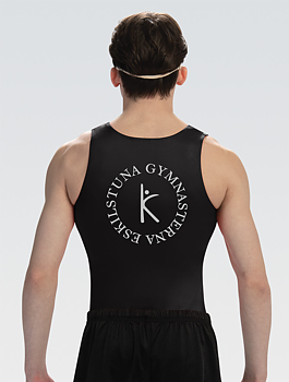 Svart pojk-/herrbody utan ärm, lycra, med IK Eskilstunagymnasternas logo i glittertryck