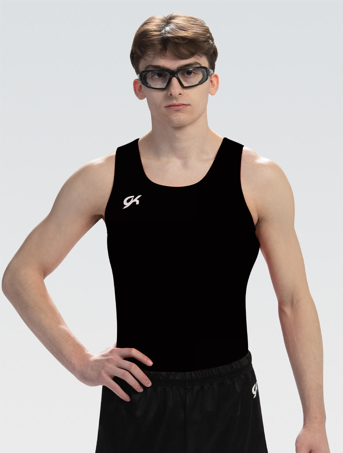 Svart pojk-/herrbody utan ärm, lycra, med IK Eskilstunagymnasternas logo i glittertryck - 2