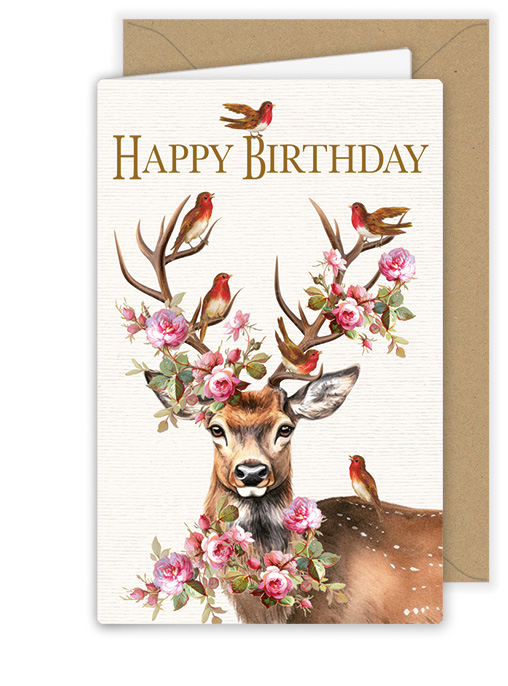 Happy Birthday Deer with Flower Antlers, Greeting Card