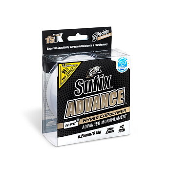 Sufix Advance clear kommer på en 150meters spole och är stark ned låg stretch