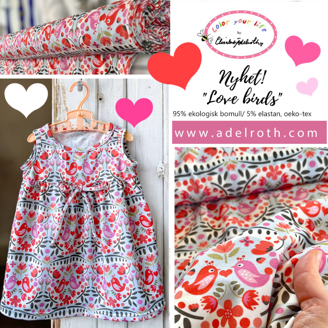 Jerseytyg ekologisk bomull,   "Love birds ", metervara - 5