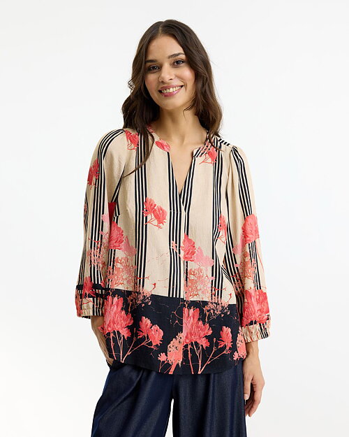 Blus Mira beige röda blommor och ränder