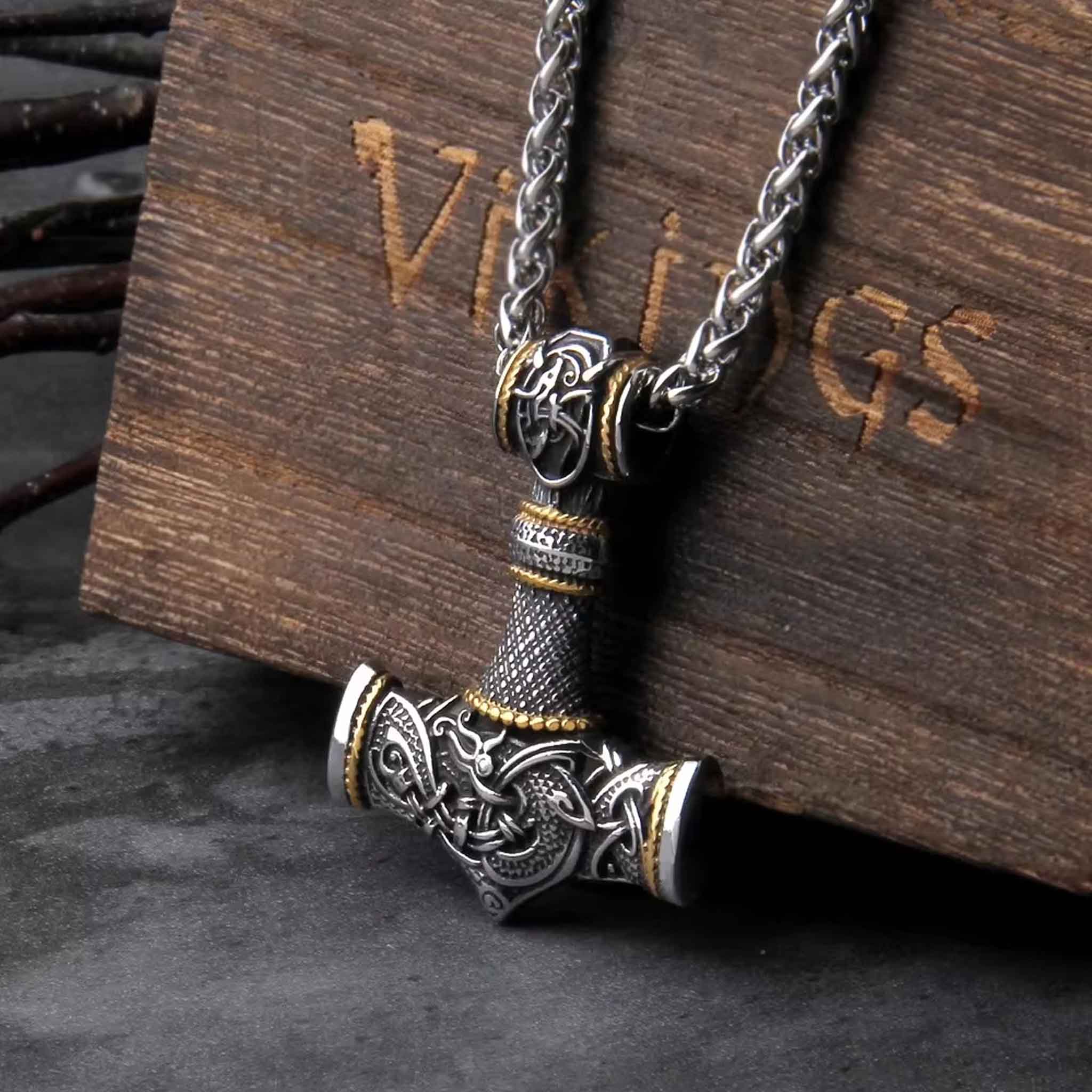 Viking Mjolnir necklace in steel and gold details