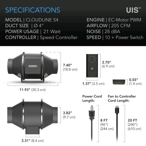 AC Infinity Cloudline Pro S4 100 mm – Inline kanalfläkt för odling (348 m³/h) - 3